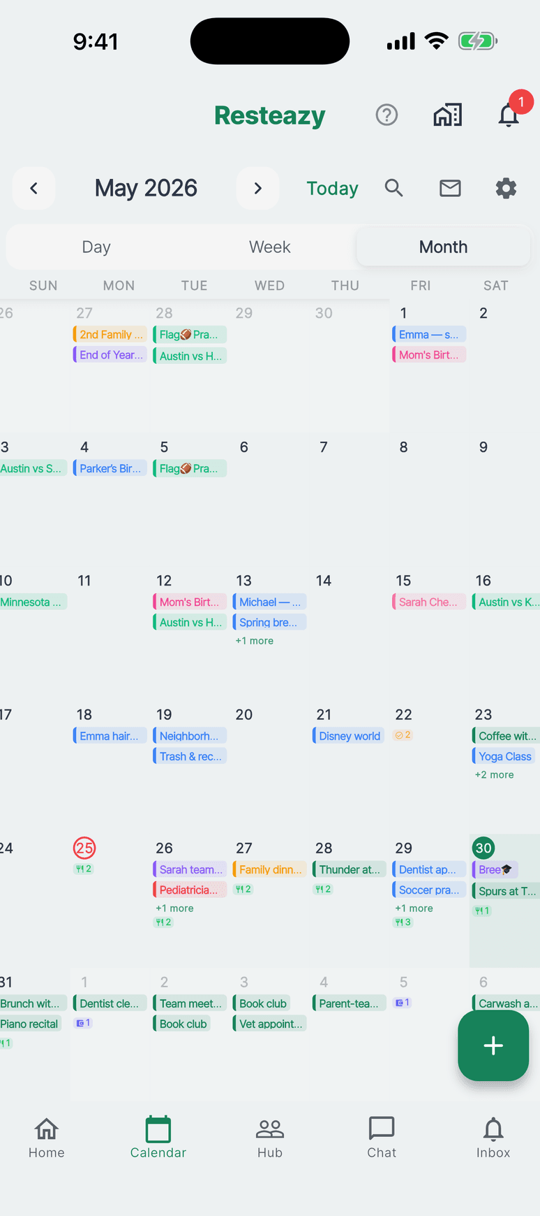 Resteazy shared family calendar, color-coded per person